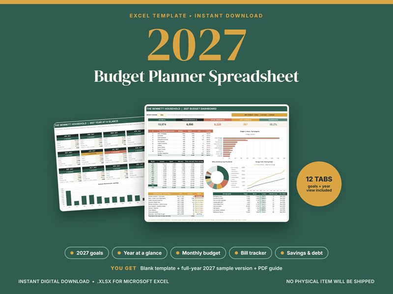 Cover of a 2027 budget planner on dark green: a large gold 2027 above a monthly dashboard and year sheets