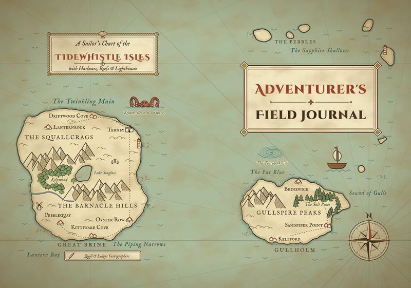 Flat view of the whole journal cover: a teal sea chart with islands, a compass rose and the Adventurer's Field Journal plate
