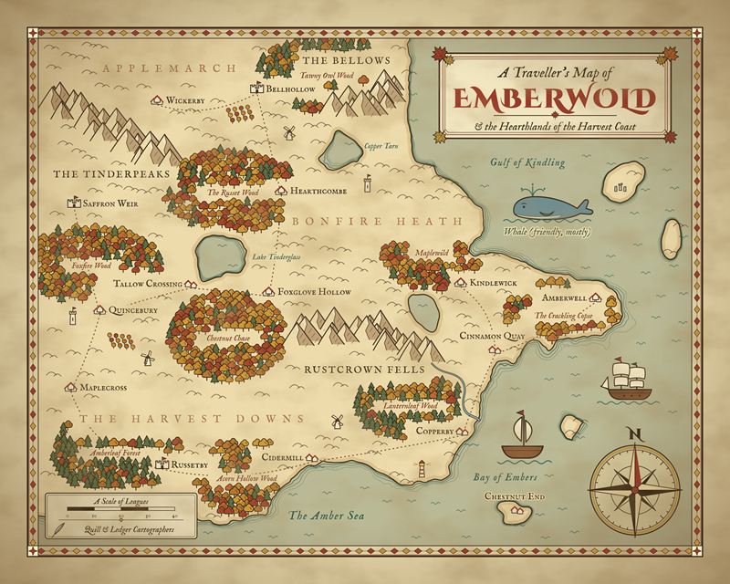 Full design of the Emberwold map: an autumn coast with russet woods, mountains, towns, a whale and a compass rose