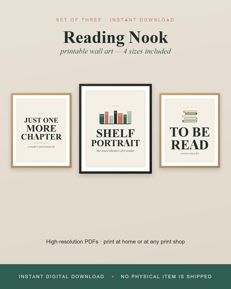 Three framed reading nook prints: Just One More Chapter, Shelf Portrait and To Be Read with a stack of books
