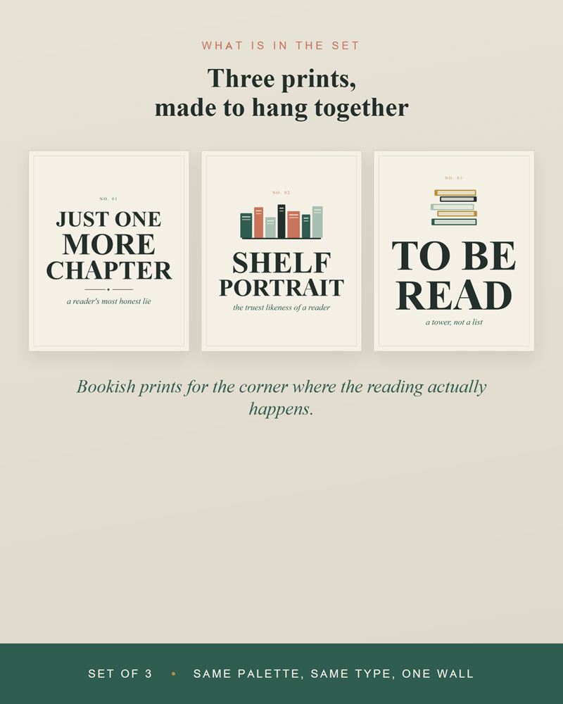 The three reading nook designs side by side: Just One More Chapter, Shelf Portrait and To Be Read