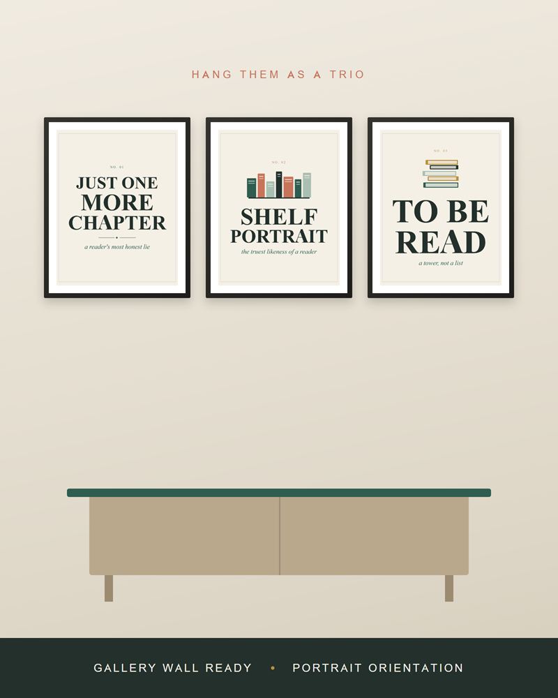 The reading nook prints framed in black as a row of three above a light wood sideboard