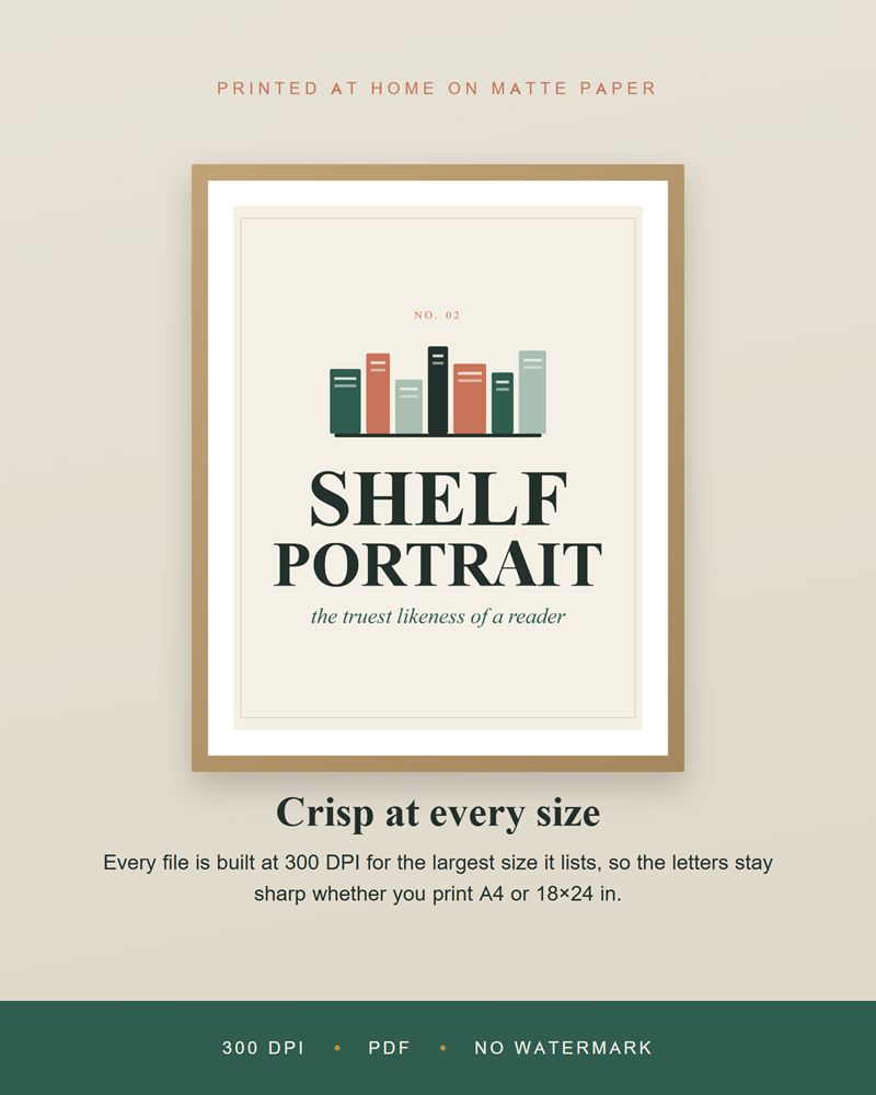 Close-up of the Shelf Portrait print in a wood frame, with a row of colorful book spines above the title