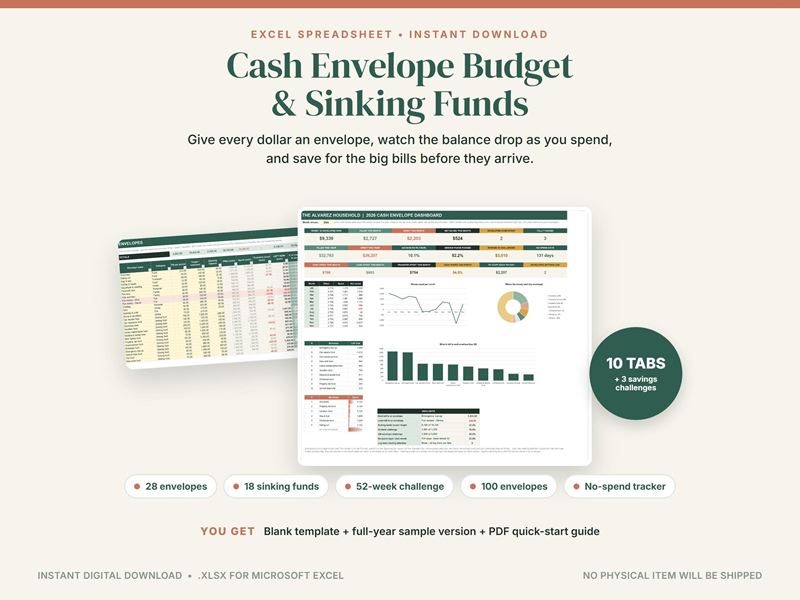 Cover of a cash envelope and sinking funds spreadsheet: an envelope table and a dashboard with balance charts
