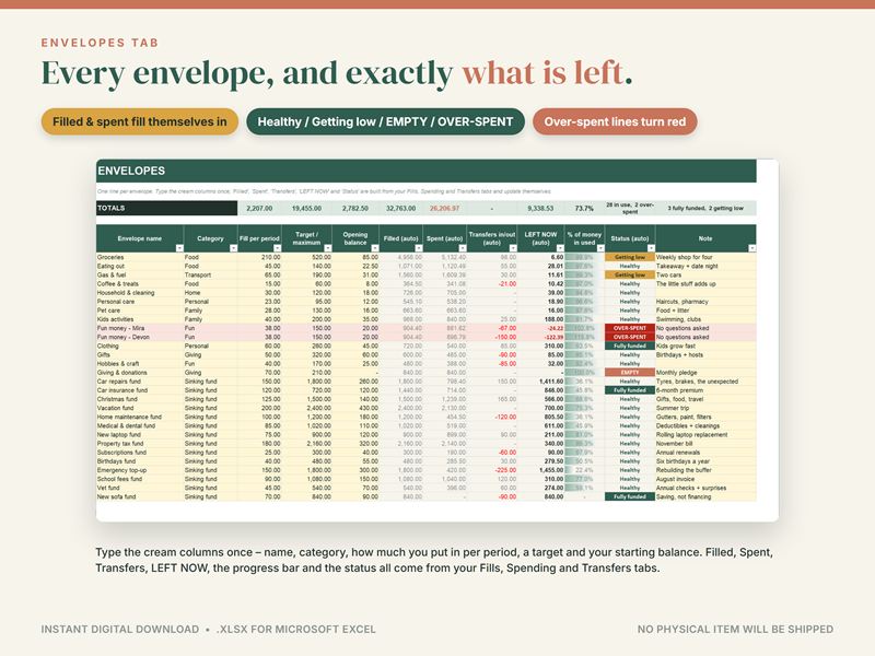 Envelopes tab listing what each envelope was filled with, spent and has left, with a status such as Healthy