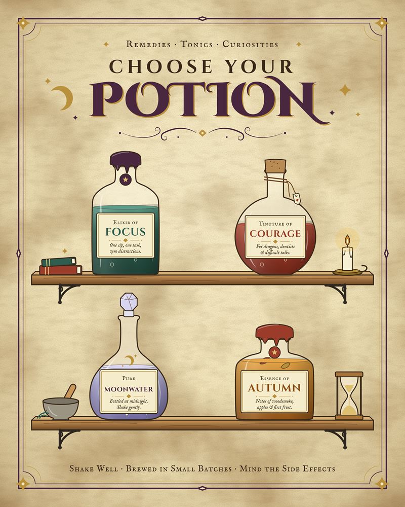 Full design of the apothecary print: Choose Your Potion in plum above four labeled bottles on two wooden shelves