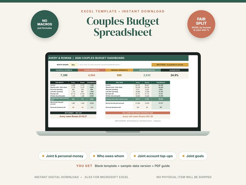 Cover of a couples budget spreadsheet: a laptop showing a two-partner dashboard with a fair split badge