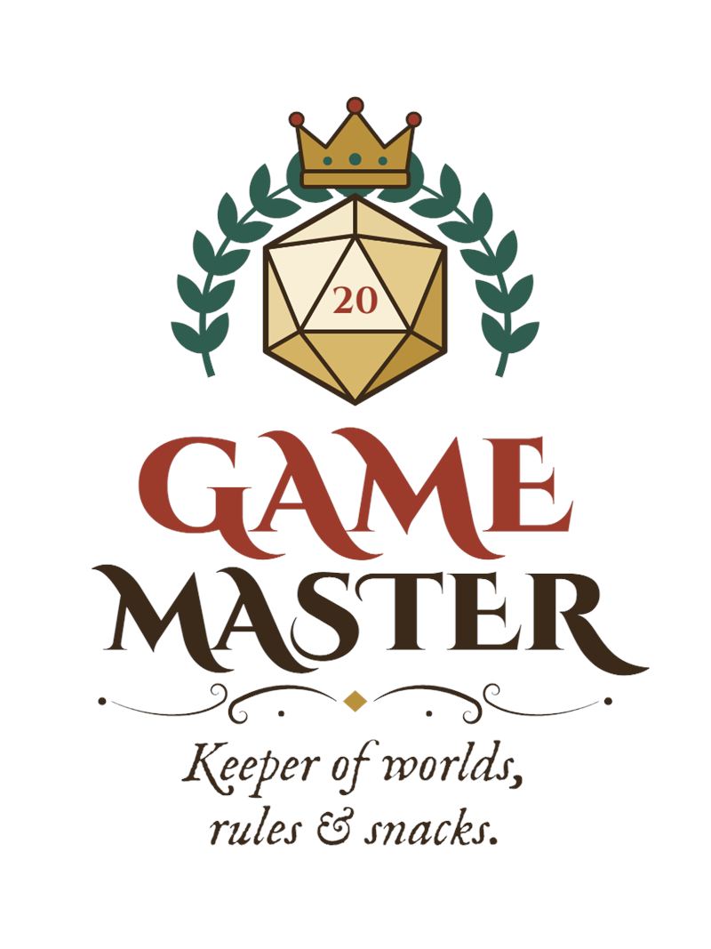 Mug design close-up: a crowned gold D20 between teal laurels above Game Master and Keeper of worlds, rules & snacks