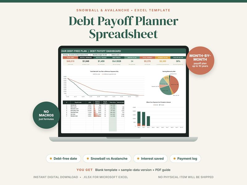 Cover of a debt payoff planner spreadsheet: a laptop showing a payoff line chart and a debt-free date
