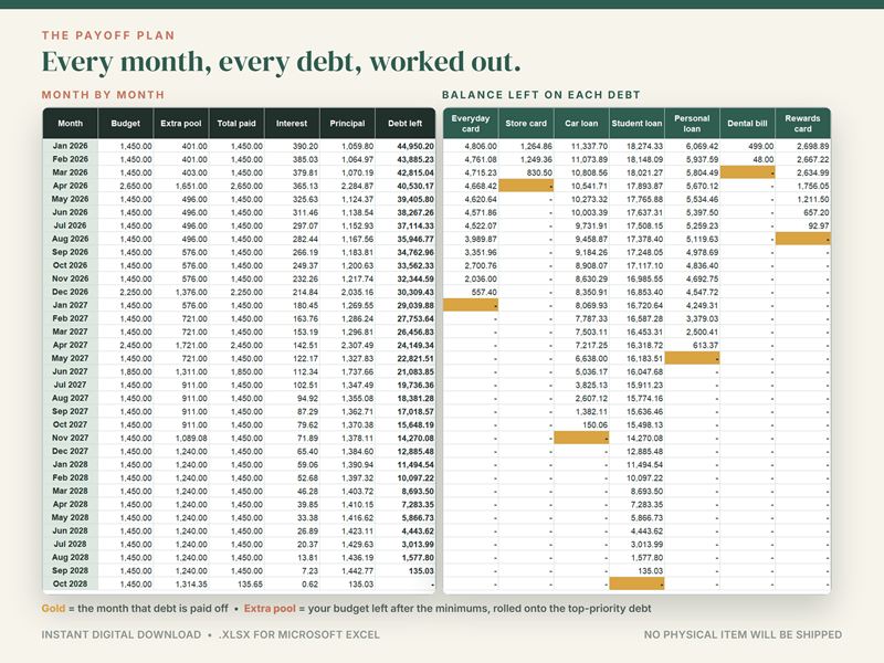 Payoff plan tab worked out month by month, with budget, extra pool, interest and the balance left on each debt