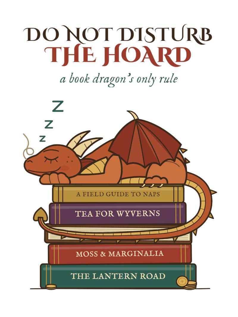 Mug design close-up: a copper dragon asleep on stacked storybooks below the words Do Not Disturb the Hoard