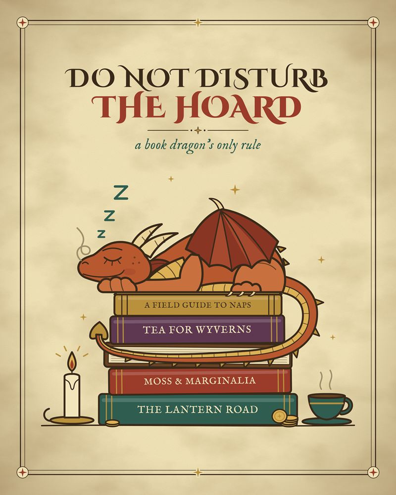 Full design of the book dragon print: a copper dragon asleep on five storybooks under Do Not Disturb the Hoard