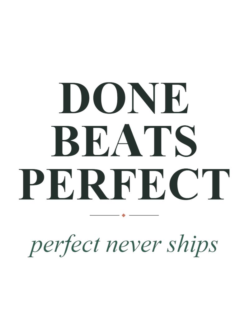 Mug design close-up: Done Beats Perfect in dark serif capitals with the italic line perfect never ships
