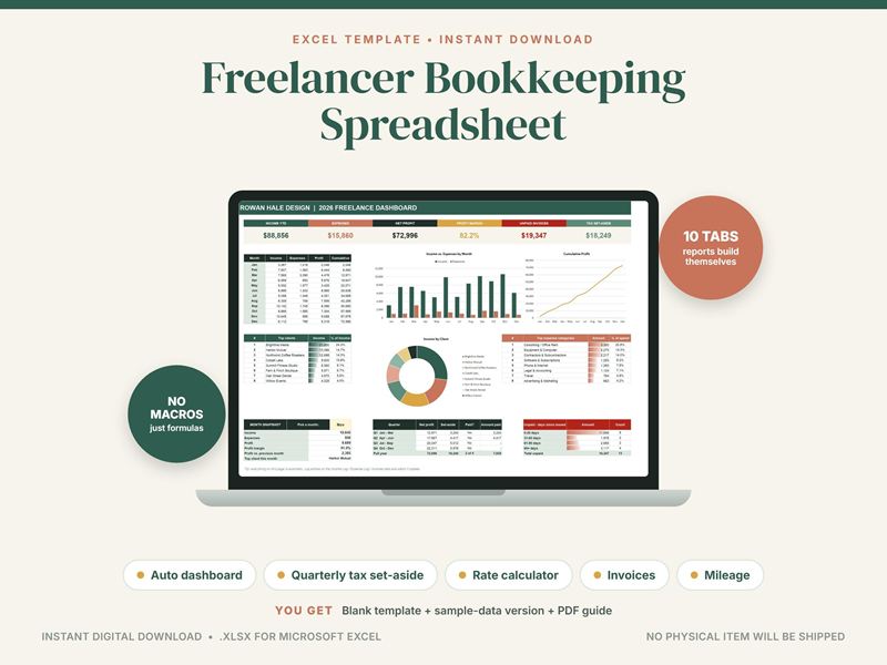 Cover of a freelancer bookkeeping spreadsheet: a laptop showing income, expense and tax set-aside charts