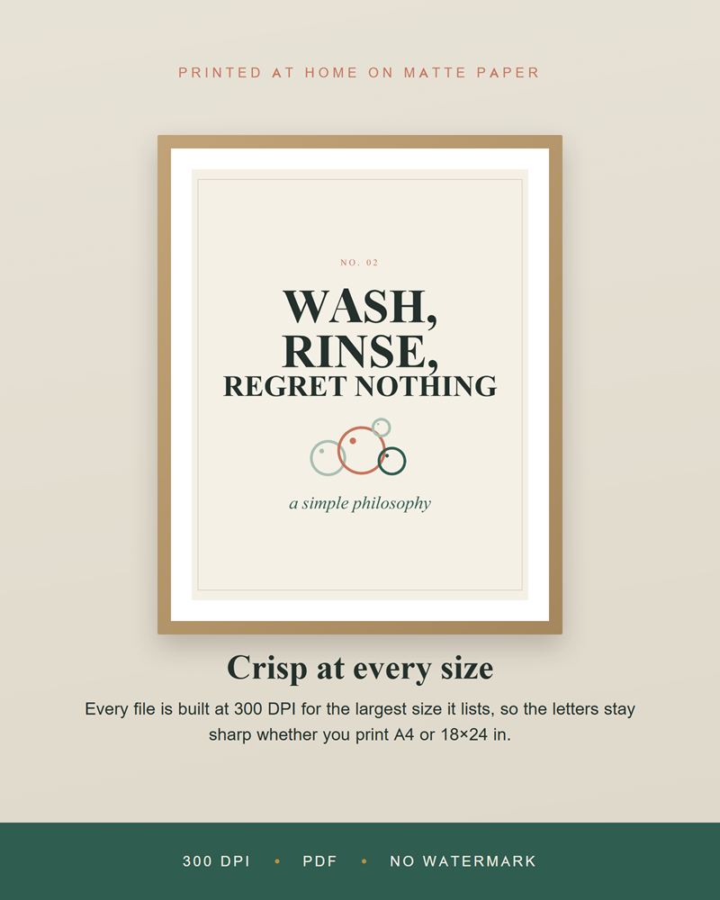 Close-up of the Wash, Rinse, Regret Nothing print in a wood frame, with a note about crisp printing at every size