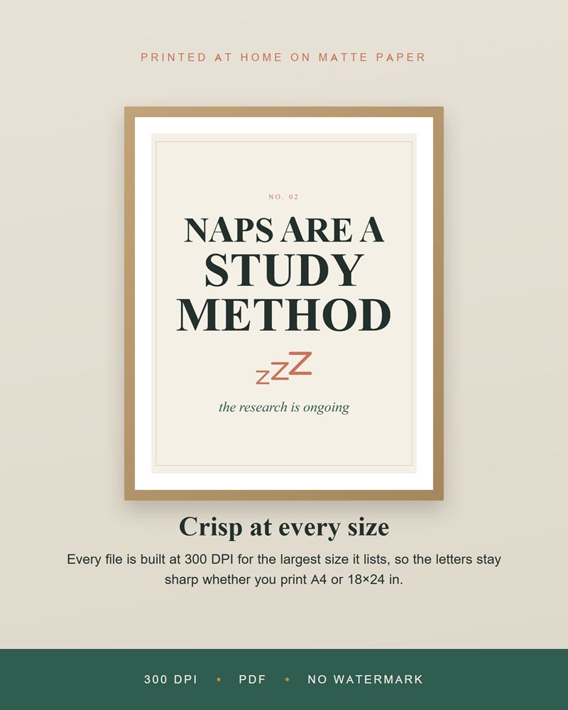 Close-up of the Naps Are a Study Method print in a wood frame, with three red Zs under the words