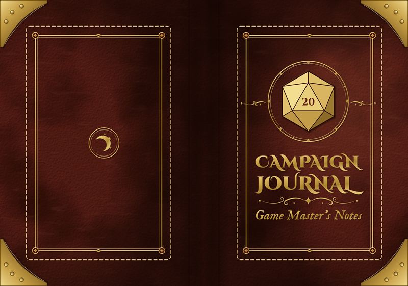Flat view of the whole journal cover: oxblood leather-look back with a moon medallion, and a front with a gold D20