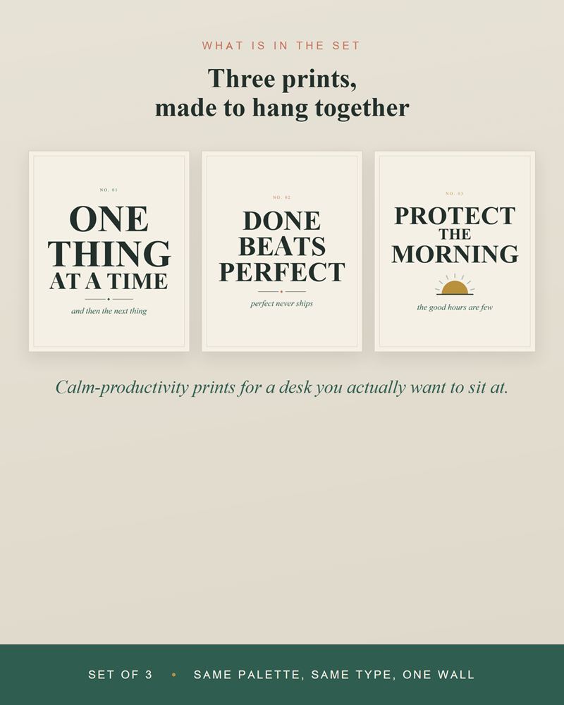 The three home office designs side by side: One Thing at a Time, Done Beats Perfect and Protect the Morning