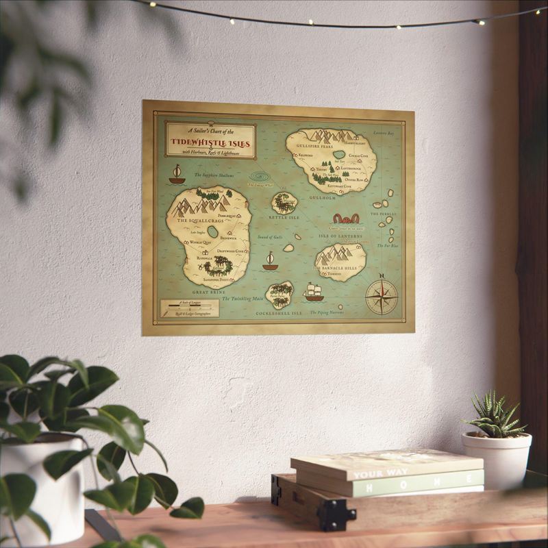 Fantasy sea chart print of teal islands with a red kraken, hanging on a wall above a desk with plants and books