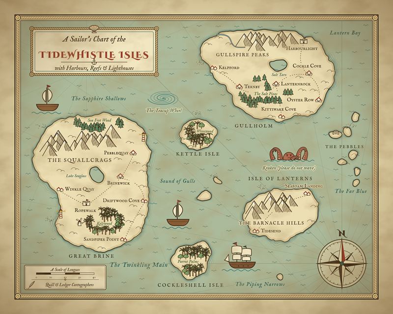 Full design of the Tidewhistle Isles sea chart: five islands on a teal sea, a red kraken, ships and a compass rose