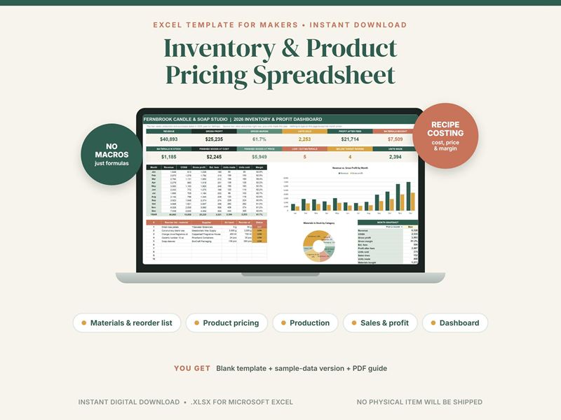 Cover of an inventory and product pricing spreadsheet: a laptop showing stock, margin and sales charts