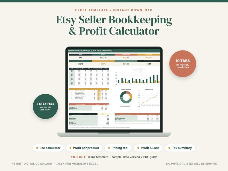 Cover of a seller bookkeeping and profit calculator spreadsheet: a laptop showing orders, fees and profit