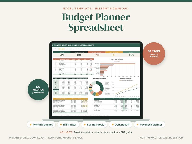 Cover of a budget planner spreadsheet: a laptop showing a monthly household dashboard with charts