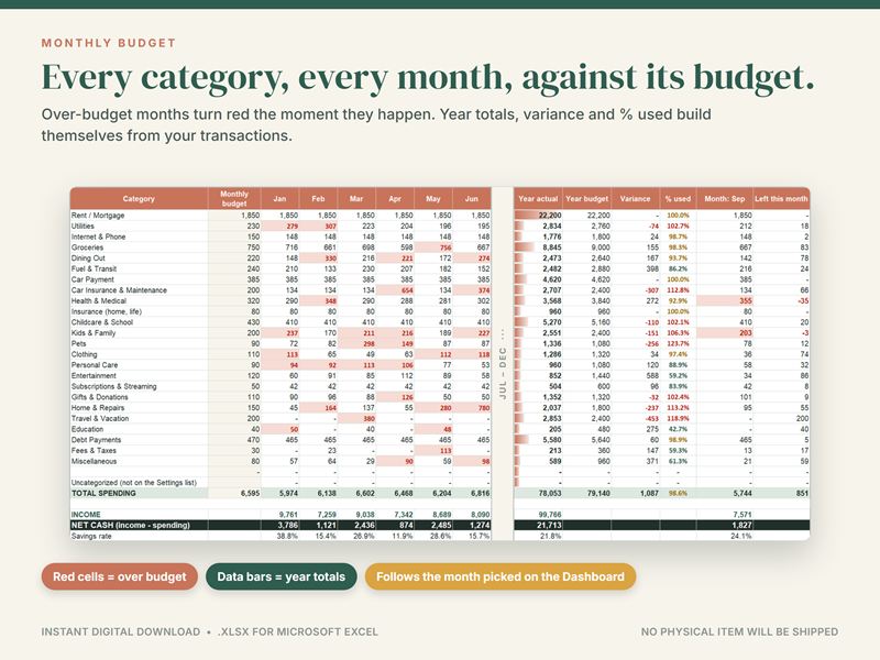 Monthly budget tab with every category by month against its budget, over-budget cells in red and year totals
