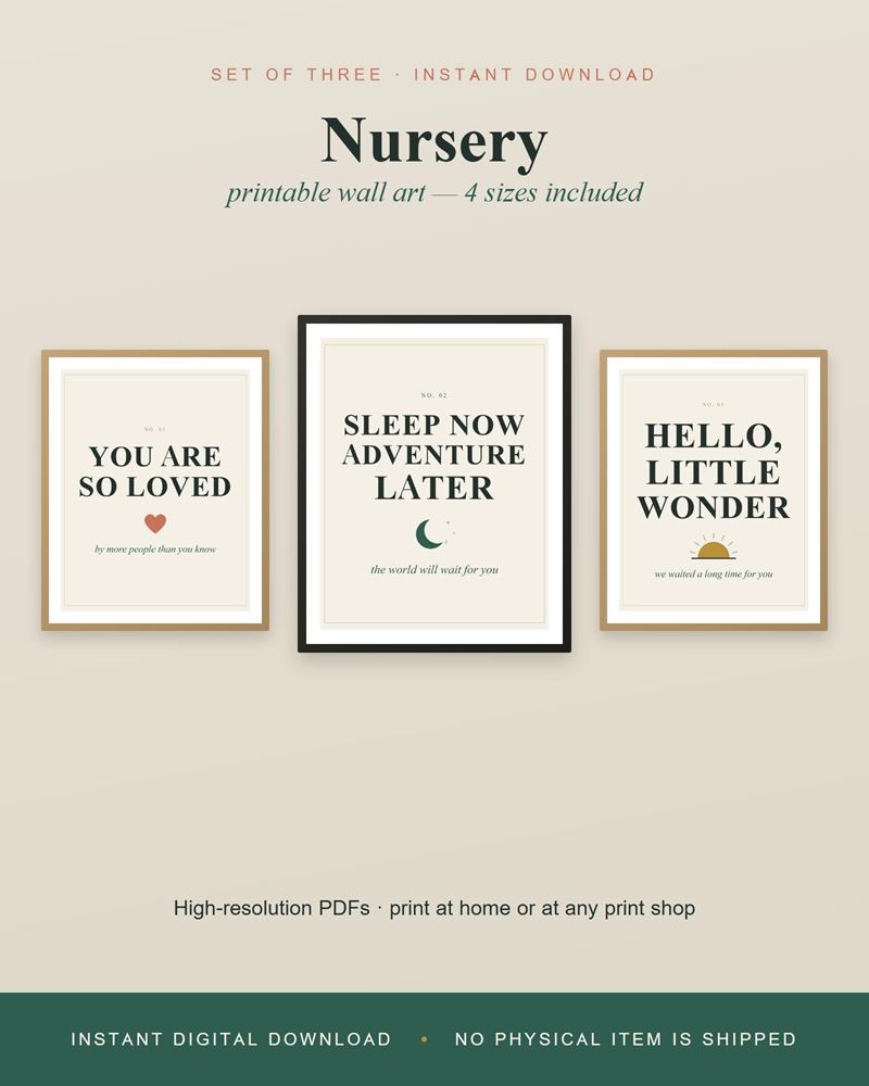Three framed nursery prints: You Are So Loved, Sleep Now Adventure Later and Hello Little Wonder