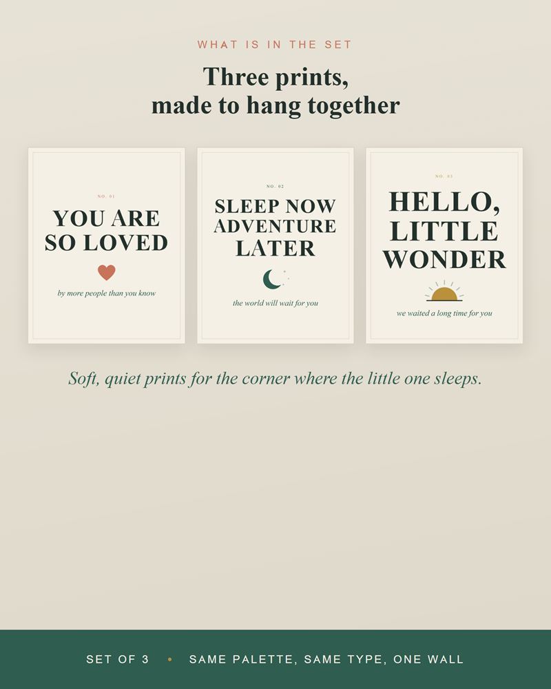 The three nursery designs side by side: You Are So Loved, Sleep Now Adventure Later and Hello Little Wonder