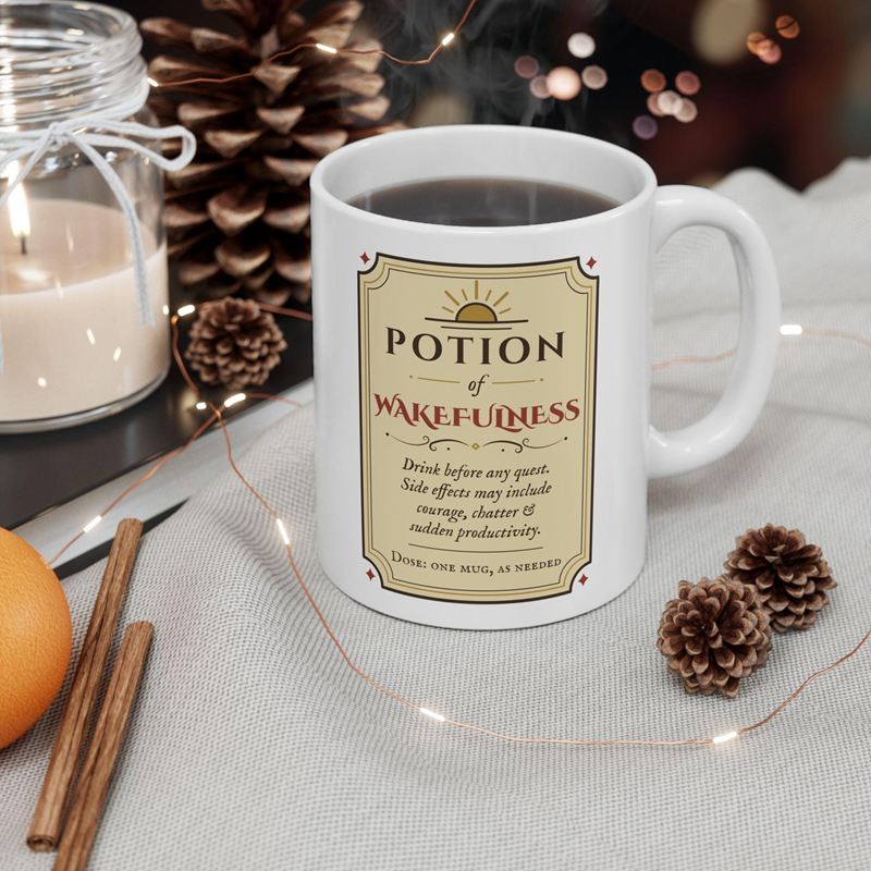 White mug printed with a parchment label reading Potion of Wakefulness under a rising sun, beside pine cones
