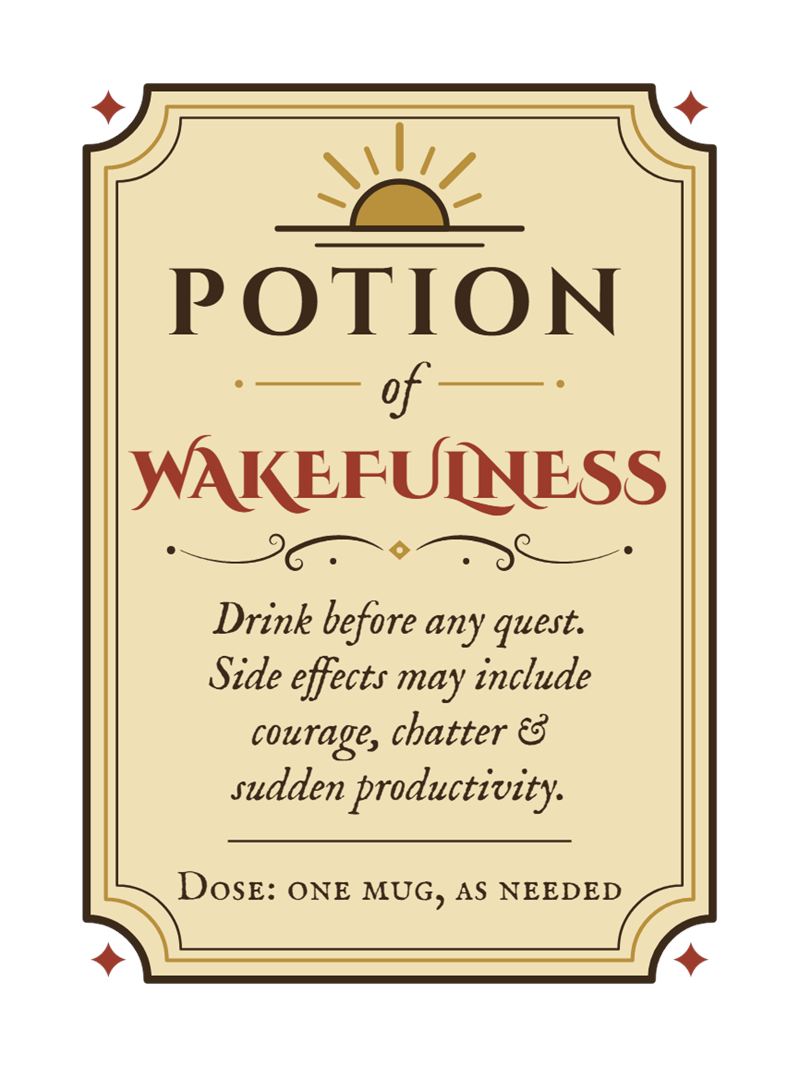 Mug design close-up: a parchment apothecary label with a rising sun, Potion of Wakefulness and a dosage line