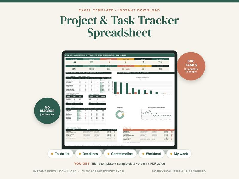 Cover of a project and task tracker spreadsheet: a laptop showing a green Excel dashboard with task charts