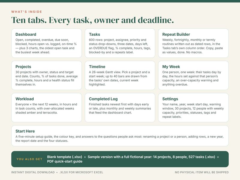 What's inside the project tracker: ten tabs described, from Dashboard and Tasks to Timeline, Workload and Settings