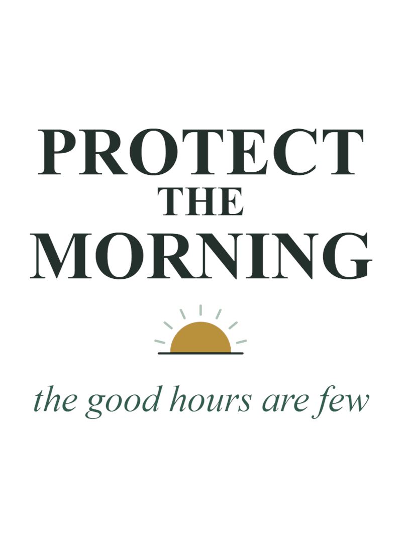 Mug design close-up: Protect the Morning in dark serif capitals above a gold rising sun and the good hours are few