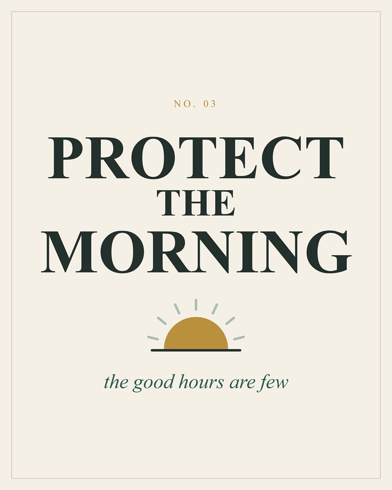 Full design of the Protect the Morning print: dark green serif letters over a small gold rising sun on cream