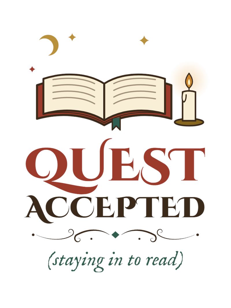 Mug design close-up: an open book, a candle and a crescent moon above Quest Accepted (staying in to read)