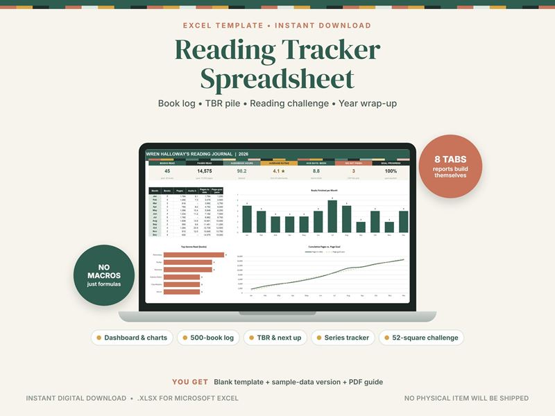 Cover of a reading tracker spreadsheet: a laptop showing books-per-month bars and a pages-read line chart