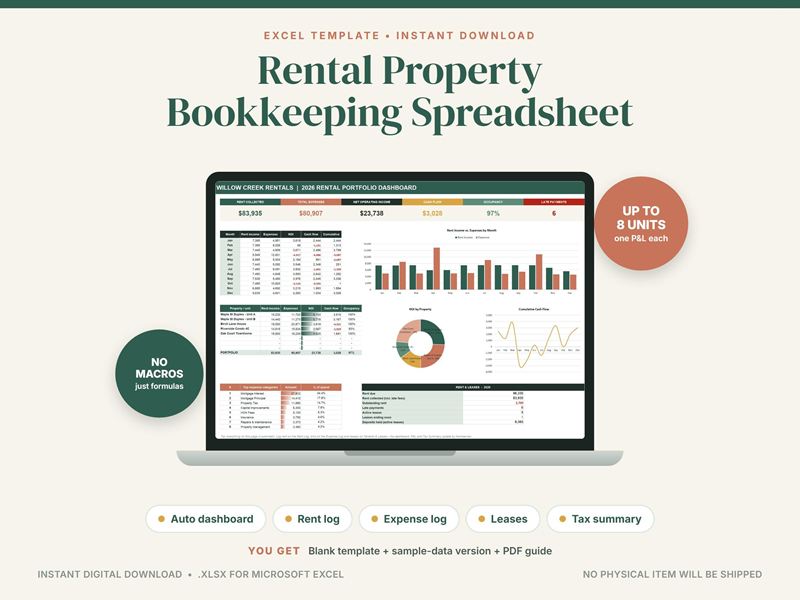 Cover of a rental property bookkeeping spreadsheet: a laptop showing rent, expense and cash flow charts