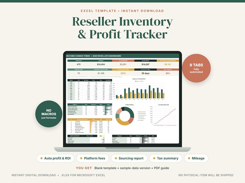 Cover of a reseller inventory and profit tracker: a laptop showing items sold, profit and ROI charts