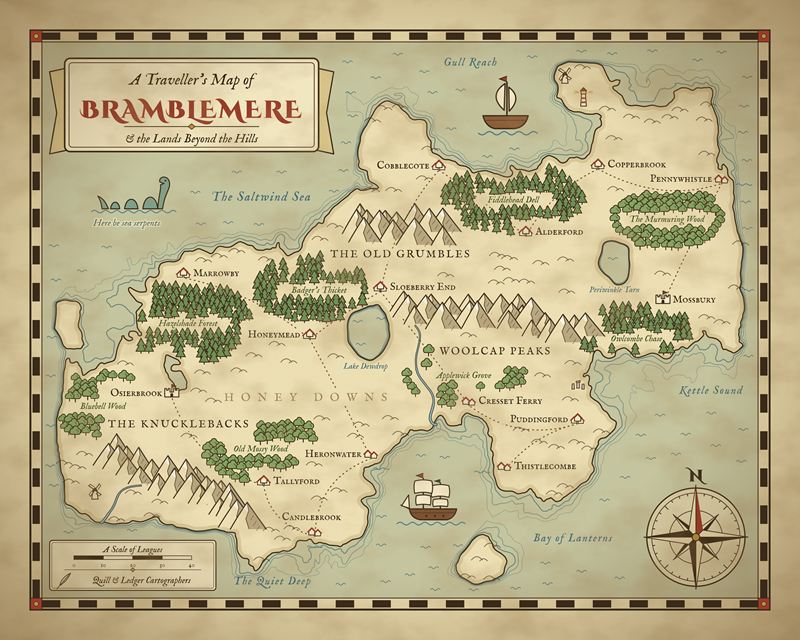Full design of the Bramblemere map: a green island with forests, snowy mountains, villages and a compass rose