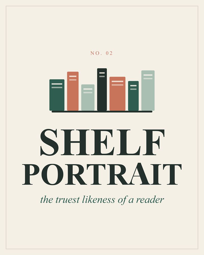 Full design of the Shelf Portrait print: a row of colorful book spines above Shelf Portrait in dark green capitals