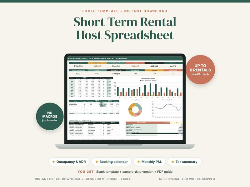 Cover of a short-term rental host spreadsheet: a laptop showing occupancy, revenue and booking charts