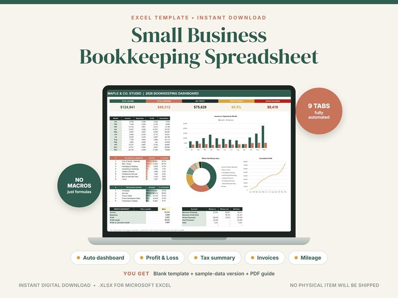 Cover of a small business bookkeeping spreadsheet: a laptop showing income, expense and profit charts
