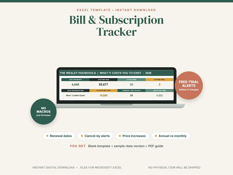 Cover of a bill and subscription tracker spreadsheet: a laptop showing monthly and yearly cost totals