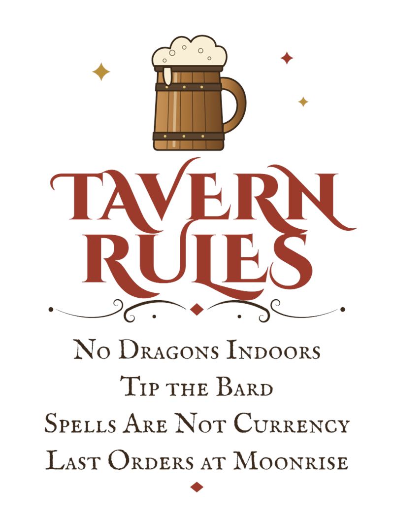 Mug design close-up: a foaming tankard over Tavern Rules and four rules including No Dragons Indoors