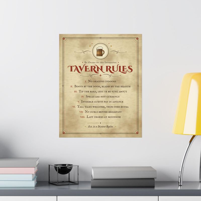 Tavern Rules poster with a tankard medallion and eight numbered inn rules on aged parchment, on a white wall
