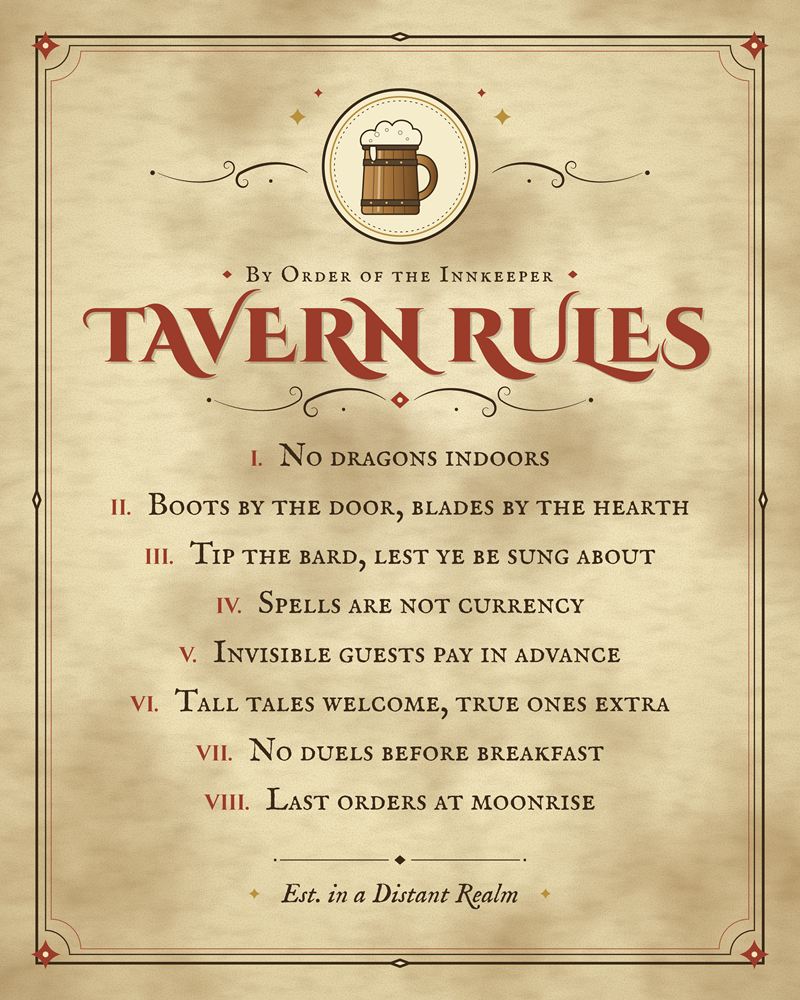 Full design of the Tavern Rules poster: a tankard medallion above eight numbered inn rules on aged parchment