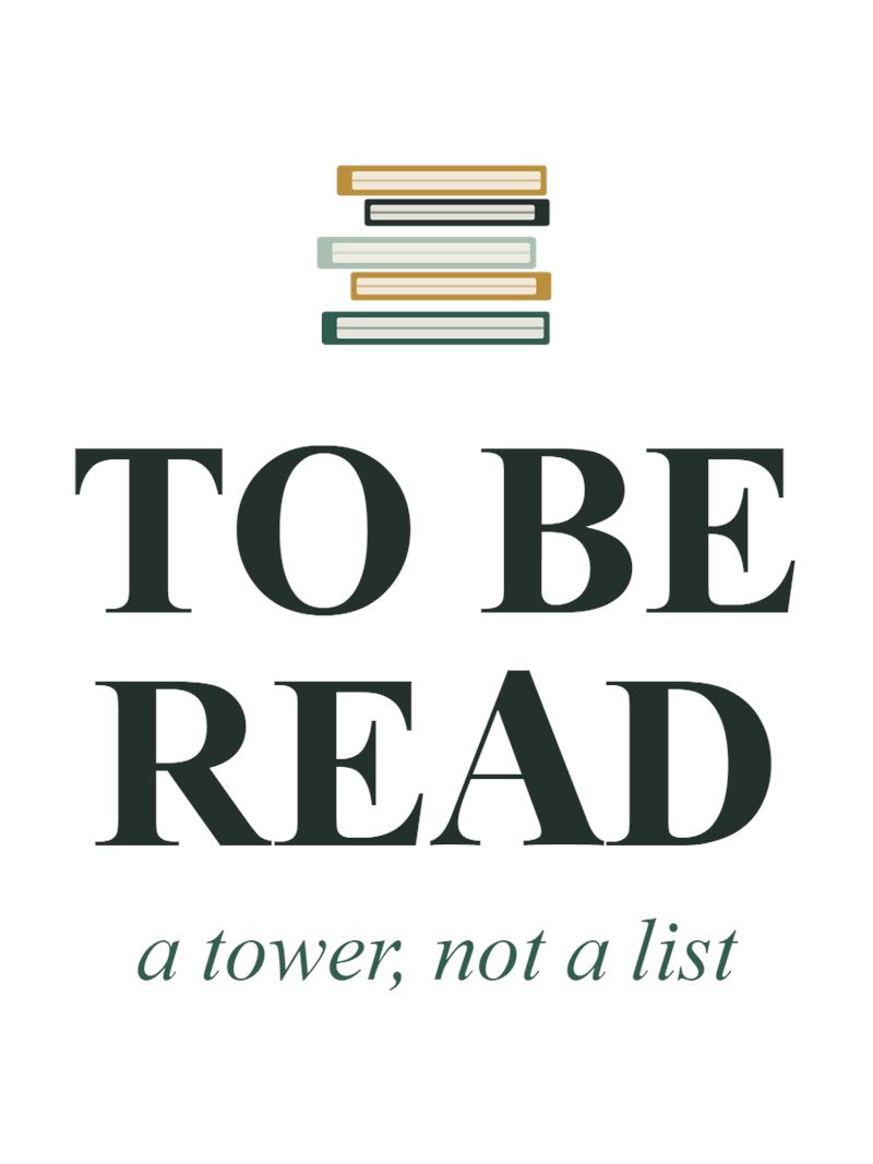 Mug design close-up: a small stack of books above To Be Read and the italic line a tower, not a list