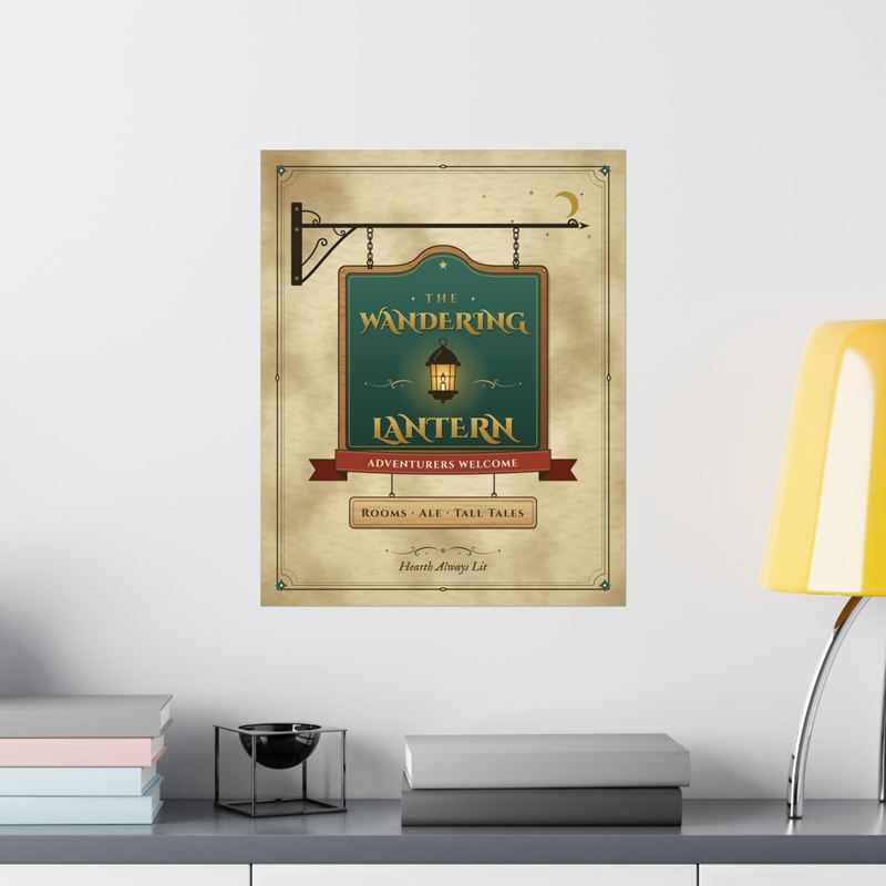 Tavern sign print of a teal inn sign reading The Wandering Lantern with a glowing lantern, on a wall above a shelf